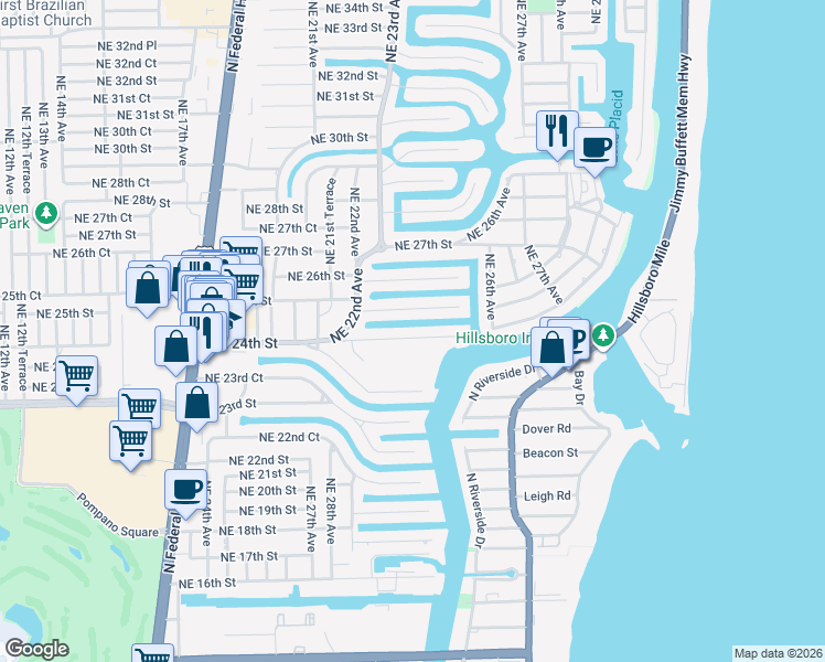 map of restaurants, bars, coffee shops, grocery stores, and more near 2349 Northeast 24th Street in Lighthouse Point