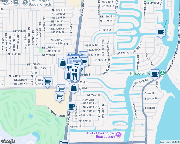 map of restaurants, bars, coffee shops, grocery stores, and more near 21 Northeast 19th Avenue in Lighthouse Point