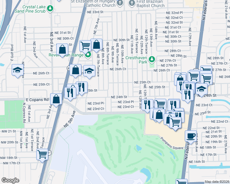 map of restaurants, bars, coffee shops, grocery stores, and more near 2440 Northeast 9th Avenue in Pompano Beach