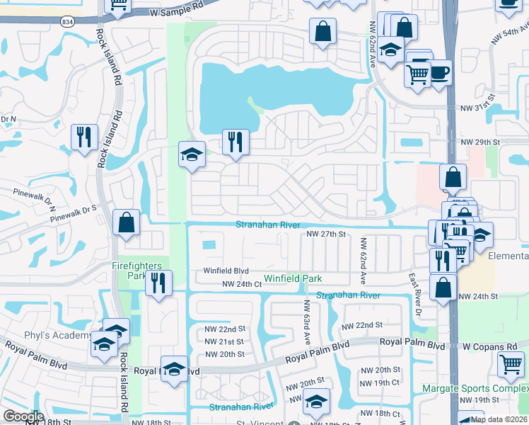 map of restaurants, bars, coffee shops, grocery stores, and more near 6529 Northwest 28th Court in Margate