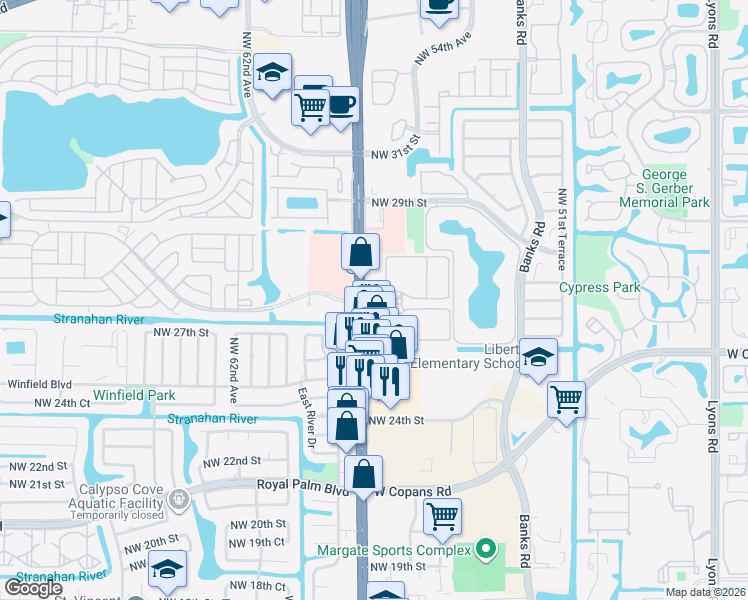 map of restaurants, bars, coffee shops, grocery stores, and more near 5500 Celebration Pointe Boulevard in Margate