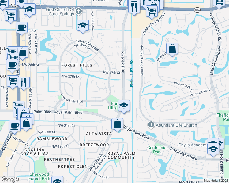 map of restaurants, bars, coffee shops, grocery stores, and more near 2555 Northwest 82nd Terrace in Coral Springs