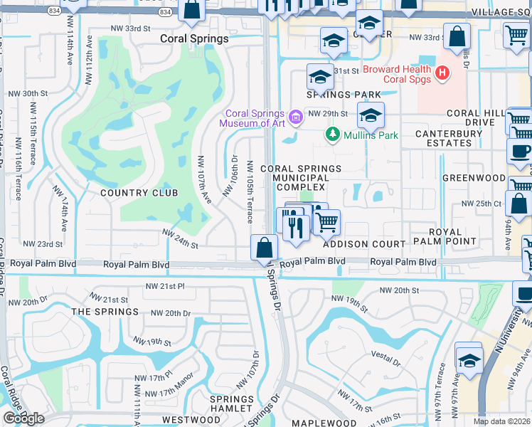 map of restaurants, bars, coffee shops, grocery stores, and more near 2832 Coral Springs Drive in Coral Springs