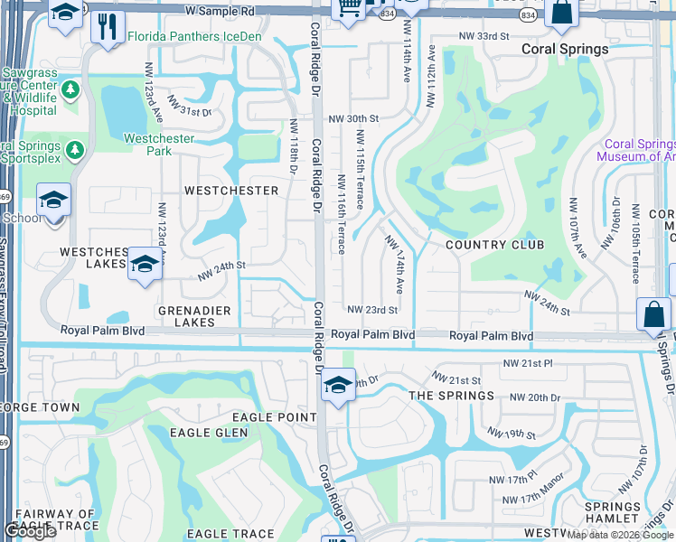 map of restaurants, bars, coffee shops, grocery stores, and more near 11605 Northwest 25th Street in Coral Springs