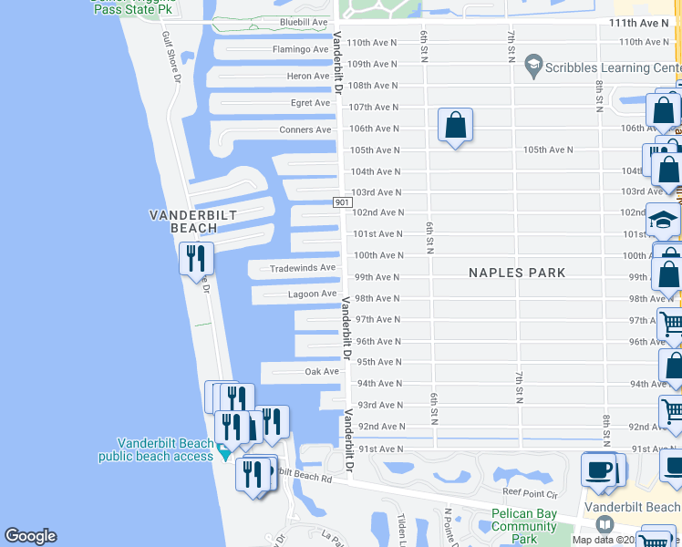 map of restaurants, bars, coffee shops, grocery stores, and more near 498 Trade Winds Avenue in Naples