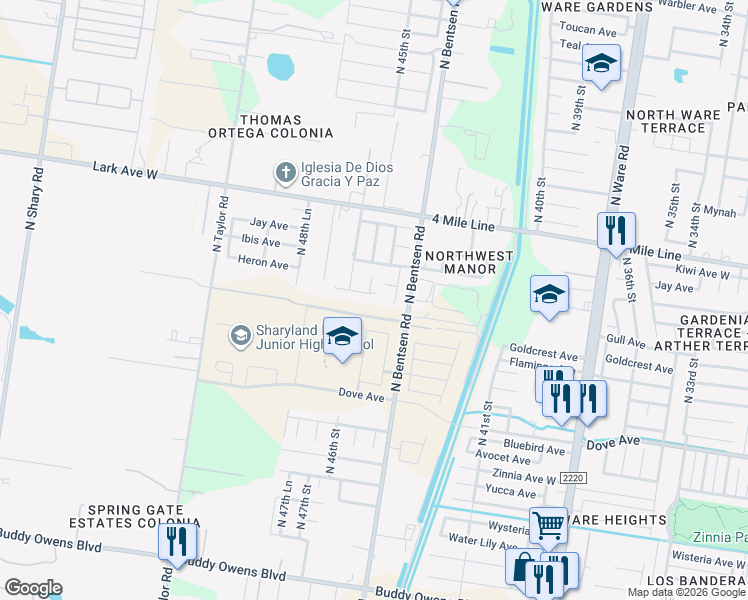 map of restaurants, bars, coffee shops, grocery stores, and more near 4505 Hawk Avenue in McAllen