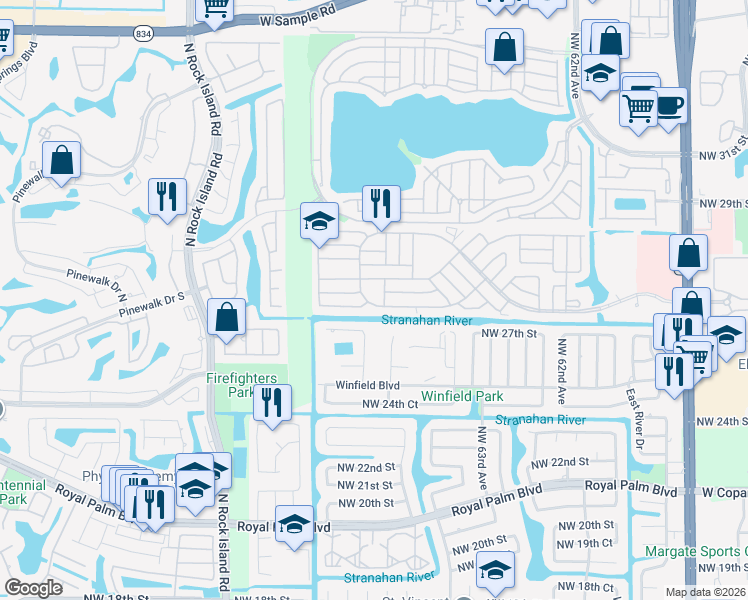 map of restaurants, bars, coffee shops, grocery stores, and more near 6601 South Brandywine Drive in Margate