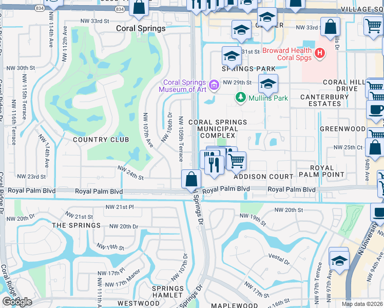 map of restaurants, bars, coffee shops, grocery stores, and more near 2832 Coral Springs Drive in Coral Springs