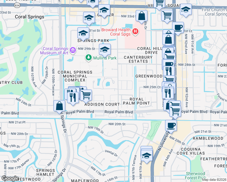 map of restaurants, bars, coffee shops, grocery stores, and more near 2503 Northwest 99th Avenue in Coral Springs