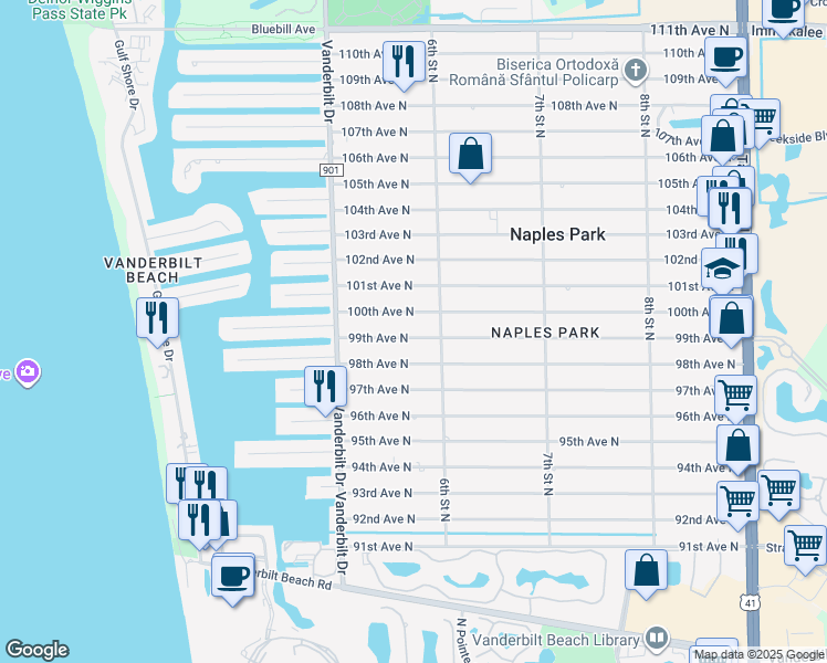 map of restaurants, bars, coffee shops, grocery stores, and more near 571 99th Avenue North in Naples