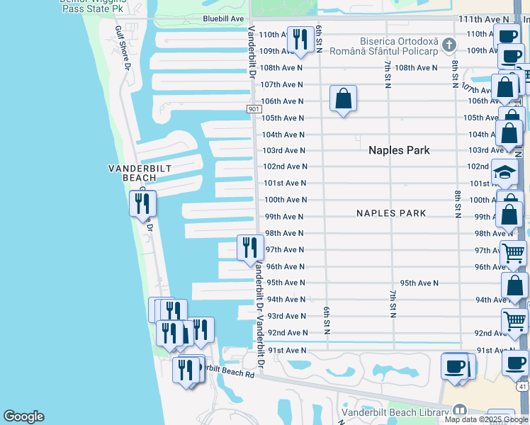 map of restaurants, bars, coffee shops, grocery stores, and more near 498 Trade Winds Avenue in Naples