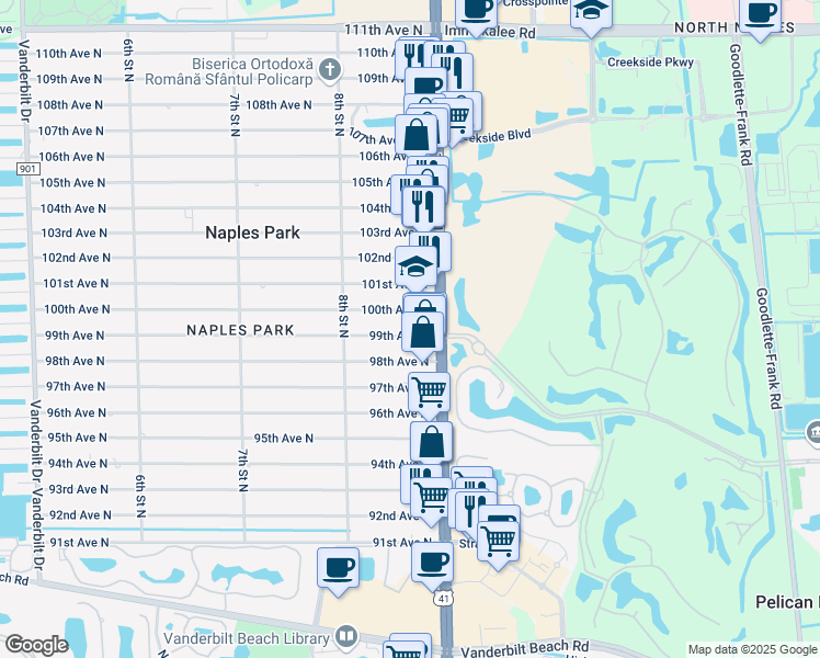 map of restaurants, bars, coffee shops, grocery stores, and more near 865 99th Avenue North in Naples