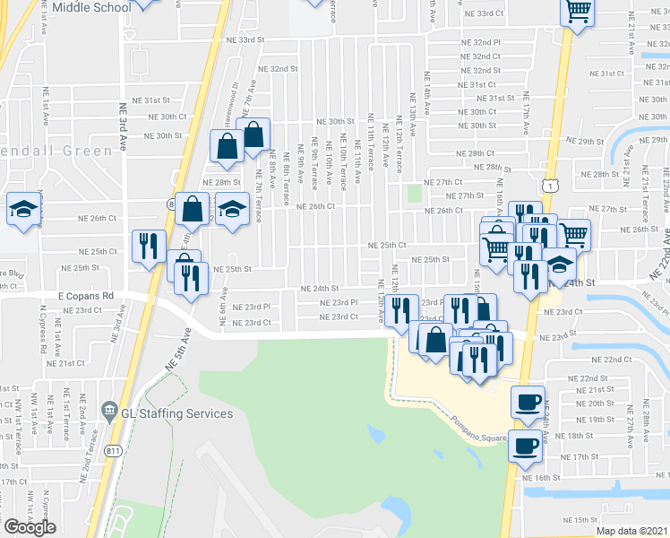 map of restaurants, bars, coffee shops, grocery stores, and more near 2430 Northeast 10th Avenue in Pompano Beach