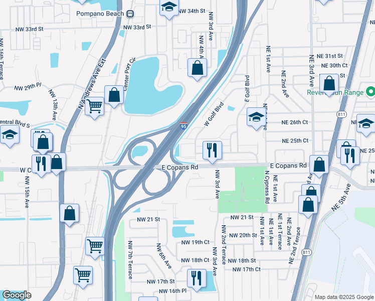 map of restaurants, bars, coffee shops, grocery stores, and more near 2551 West Golf Boulevard in Pompano Beach