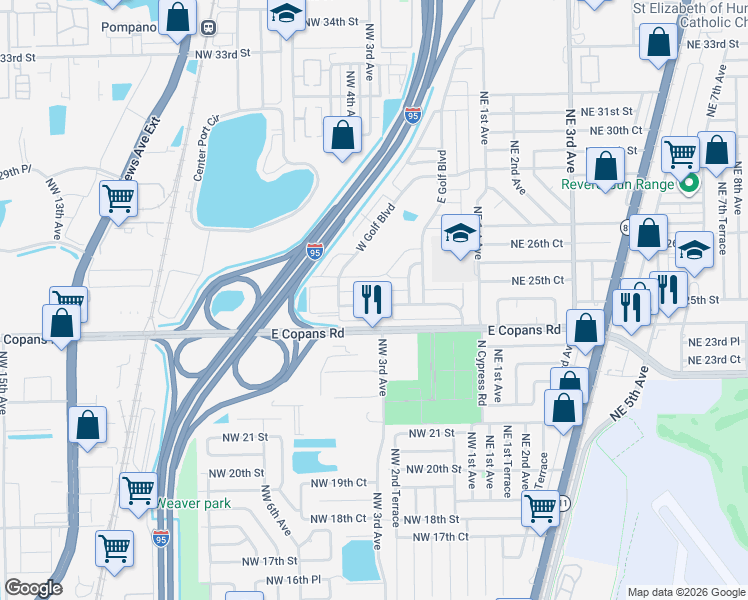 map of restaurants, bars, coffee shops, grocery stores, and more near 240 Northwest 25th Court in Pompano Beach