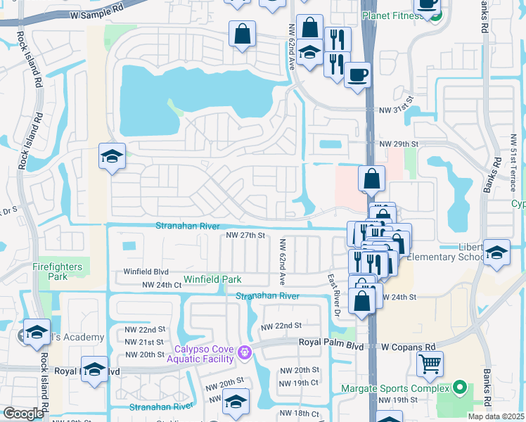 map of restaurants, bars, coffee shops, grocery stores, and more near 6300 Northwest 28th Court in Margate