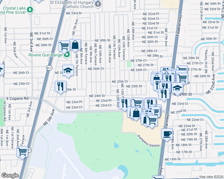 map of restaurants, bars, coffee shops, grocery stores, and more near 1110 Northeast 25th Street in Pompano Beach