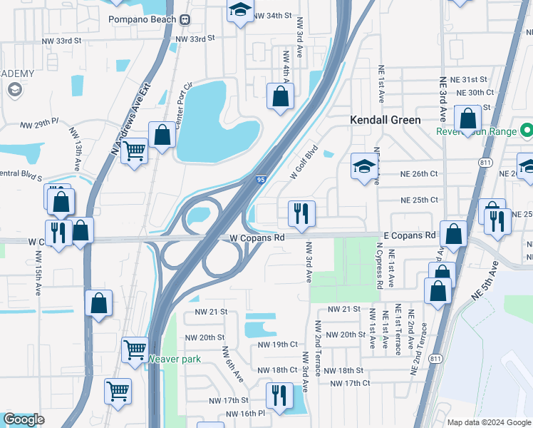 map of restaurants, bars, coffee shops, grocery stores, and more near 2551 West Golf Boulevard in Pompano Beach