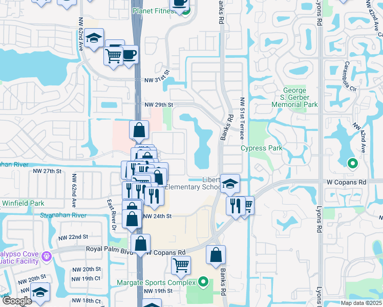map of restaurants, bars, coffee shops, grocery stores, and more near 6409 Coral Lake Drive in Margate