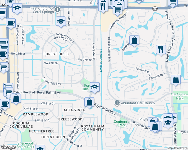 map of restaurants, bars, coffee shops, grocery stores, and more near 2583 Riverside Drive in Coral Springs
