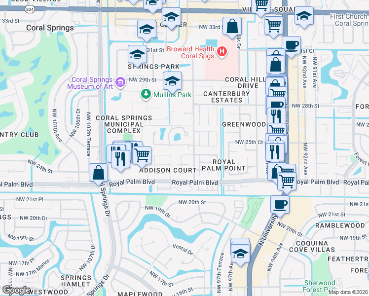 map of restaurants, bars, coffee shops, grocery stores, and more near 2503 Northwest 99th Avenue in Coral Springs