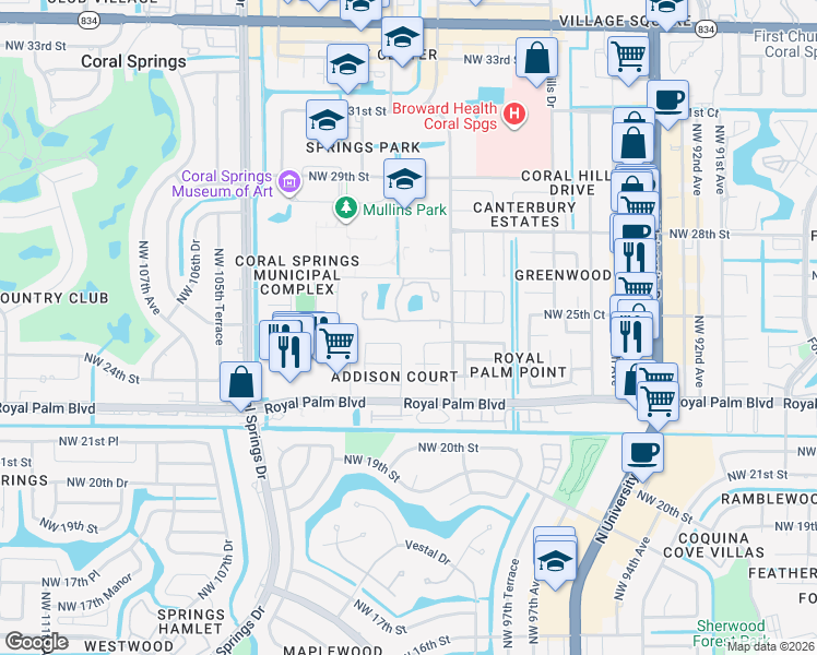 map of restaurants, bars, coffee shops, grocery stores, and more near 2599 Northwest 99th Avenue in Coral Springs