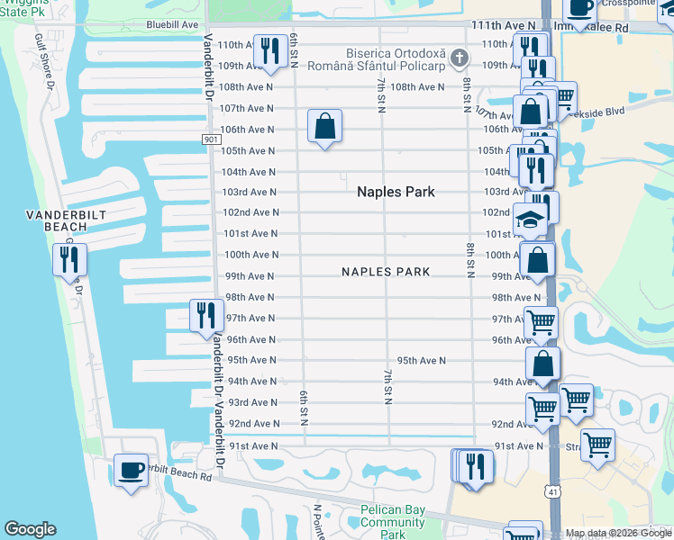 map of restaurants, bars, coffee shops, grocery stores, and more near 641 99th Avenue North in Naples