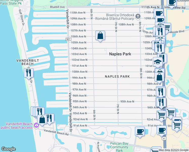 map of restaurants, bars, coffee shops, grocery stores, and more near 601 99th Avenue North in Naples