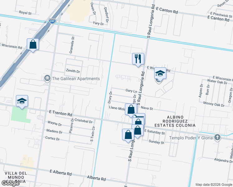 map of restaurants, bars, coffee shops, grocery stores, and more near 2137 Llano Grande Lane in Edinburg