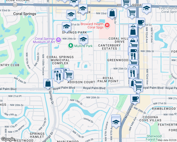 map of restaurants, bars, coffee shops, grocery stores, and more near 2503 Northwest 99th Avenue in Coral Springs