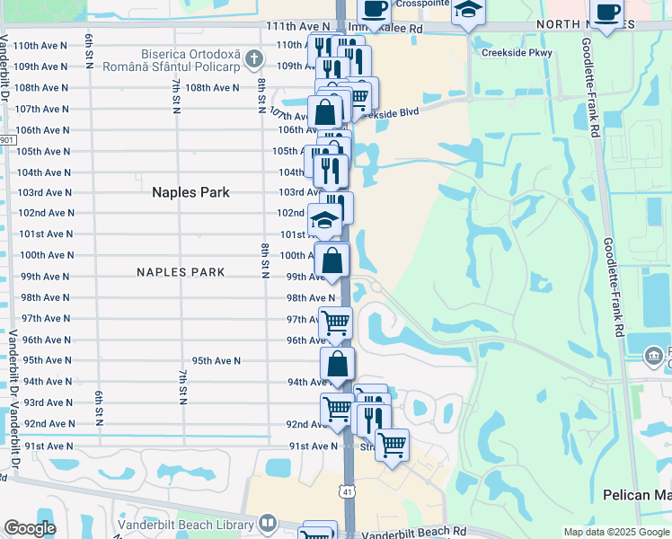 map of restaurants, bars, coffee shops, grocery stores, and more near 865 99th Avenue North in Naples