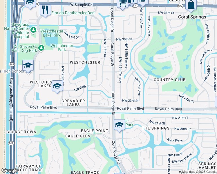 map of restaurants, bars, coffee shops, grocery stores, and more near 11720 Northwest 26th Street in Coral Springs