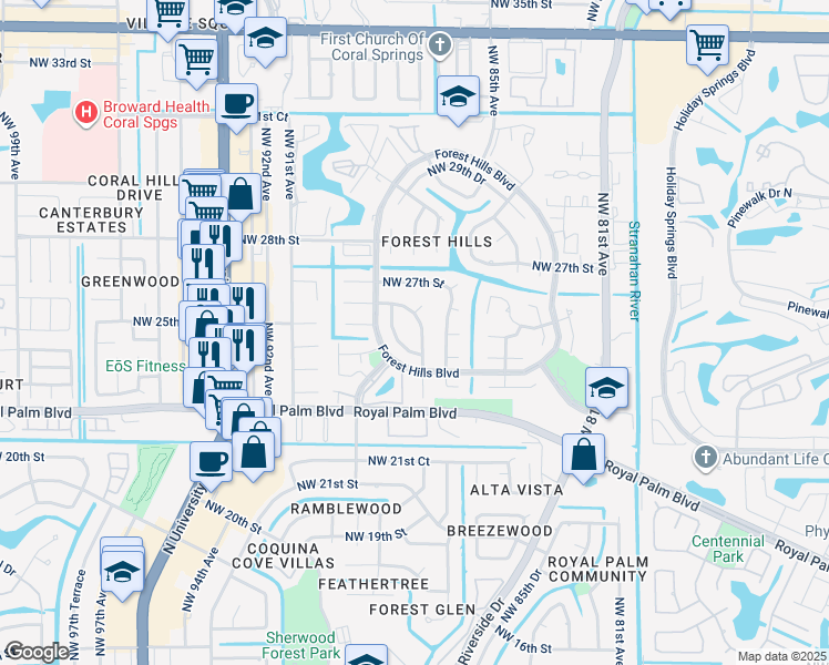 map of restaurants, bars, coffee shops, grocery stores, and more near 2560 Northwest 87th Drive in Coral Springs