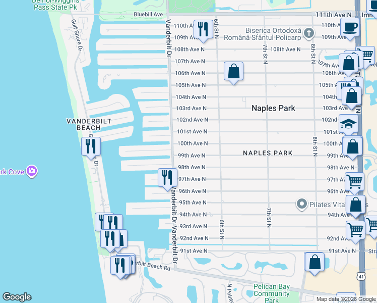 map of restaurants, bars, coffee shops, grocery stores, and more near 530 100th Avenue North in Naples