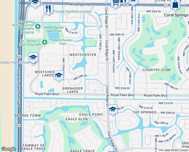map of restaurants, bars, coffee shops, grocery stores, and more near 11886 Westchester Boulevard in Coral Springs