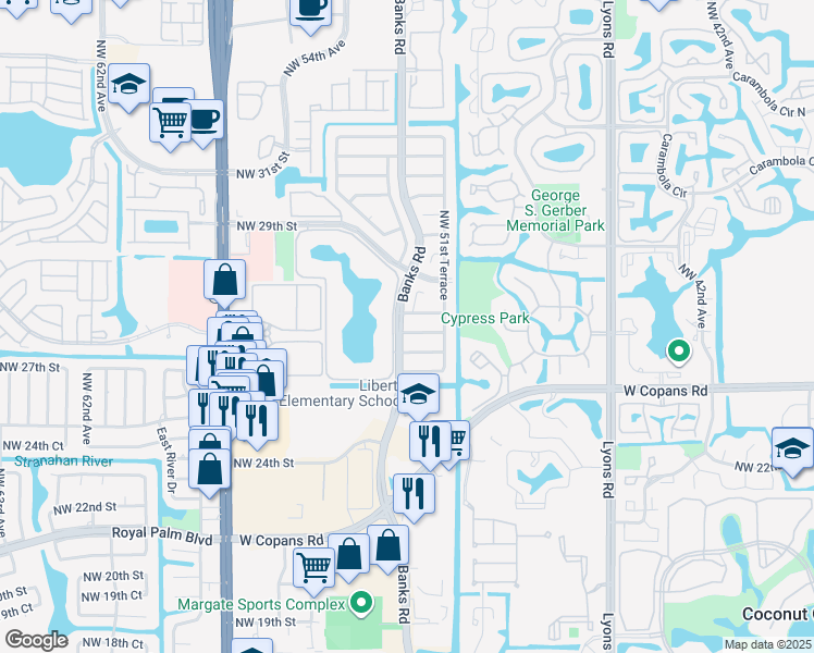 map of restaurants, bars, coffee shops, grocery stores, and more near 5235 Northwest 27th Court in Margate