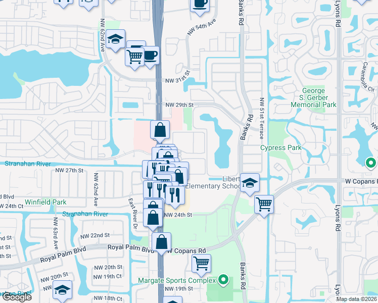 map of restaurants, bars, coffee shops, grocery stores, and more near 2725 Lakeview Terrace in Margate