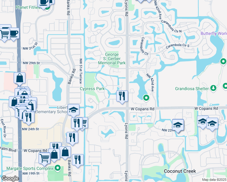 map of restaurants, bars, coffee shops, grocery stores, and more near 2508 Northwest 48th Avenue in Coconut Creek
