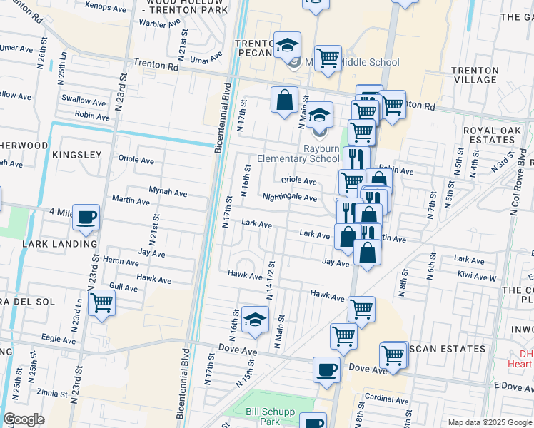 map of restaurants, bars, coffee shops, grocery stores, and more near 1421 Martin Avenue in McAllen