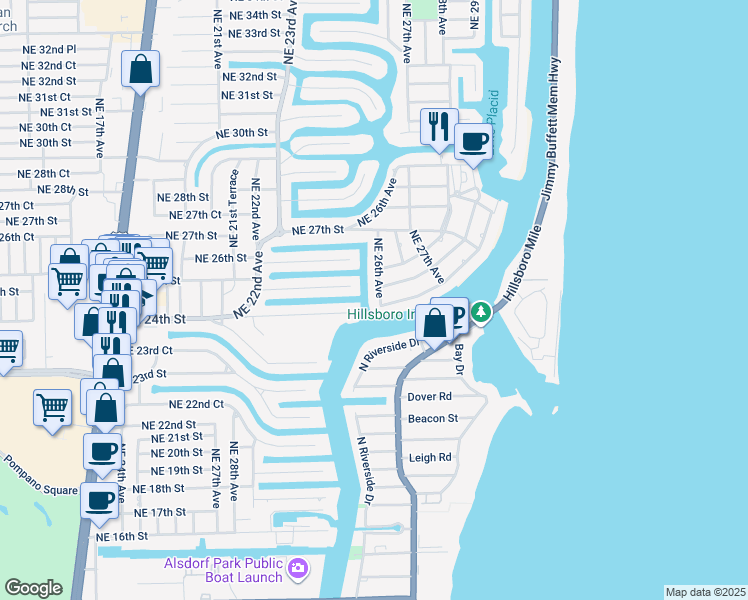 map of restaurants, bars, coffee shops, grocery stores, and more near 2433 Northeast 26th Avenue in Lighthouse Point