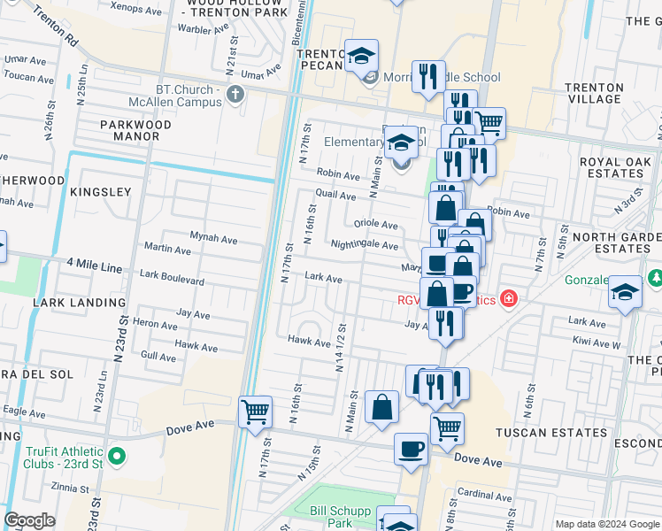 map of restaurants, bars, coffee shops, grocery stores, and more near 1421 Martin Avenue in McAllen