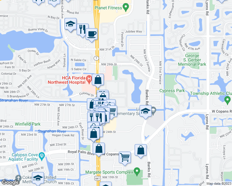 map of restaurants, bars, coffee shops, grocery stores, and more near 2725 Lakeview Terrace in Margate