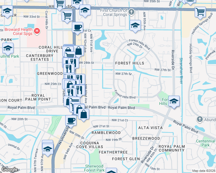 map of restaurants, bars, coffee shops, grocery stores, and more near 8974 Northwest 25th Court in Coral Springs