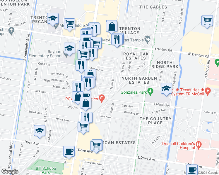 map of restaurants, bars, coffee shops, grocery stores, and more near 712 Nightingale Avenue in McAllen