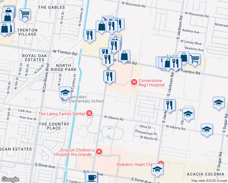 map of restaurants, bars, coffee shops, grocery stores, and more near 2500 Cornerstone Boulevard in Edinburg
