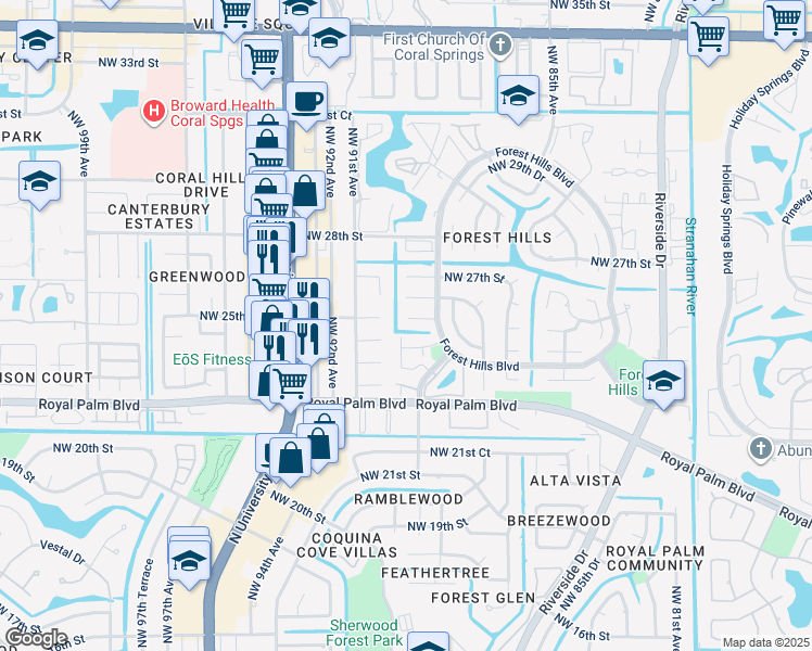 map of restaurants, bars, coffee shops, grocery stores, and more near 8974 Northwest 25th Court in Coral Springs
