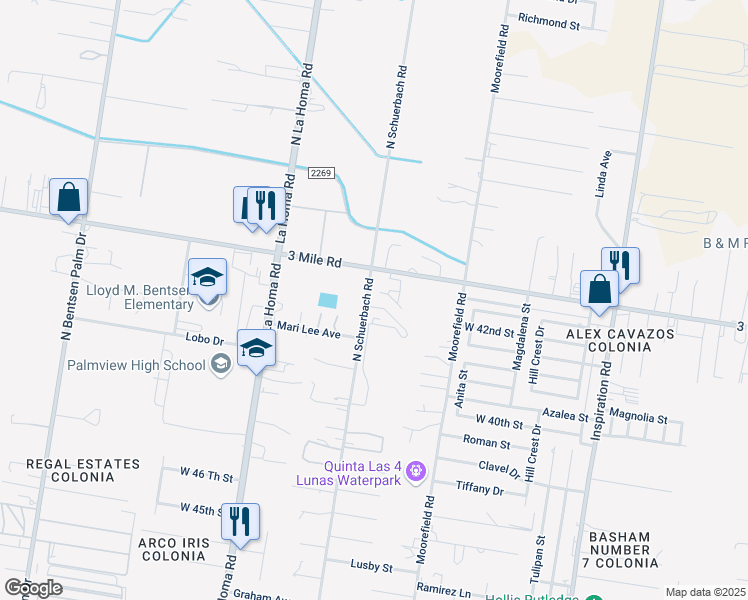 map of restaurants, bars, coffee shops, grocery stores, and more near 4100 North Schuerbach Road in Palmview