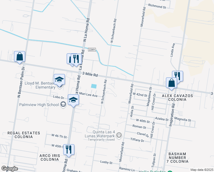 map of restaurants, bars, coffee shops, grocery stores, and more near 4100 North Schuerbach Road in Palmview