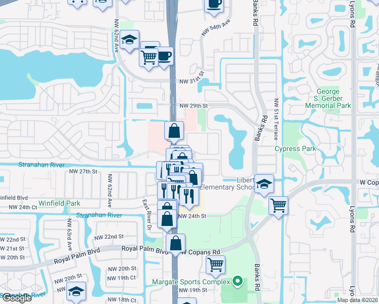 map of restaurants, bars, coffee shops, grocery stores, and more near 5555 Celebration Pointe Boulevard in Margate
