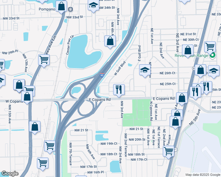 map of restaurants, bars, coffee shops, grocery stores, and more near 360 Northwest 25th Court in Pompano Beach